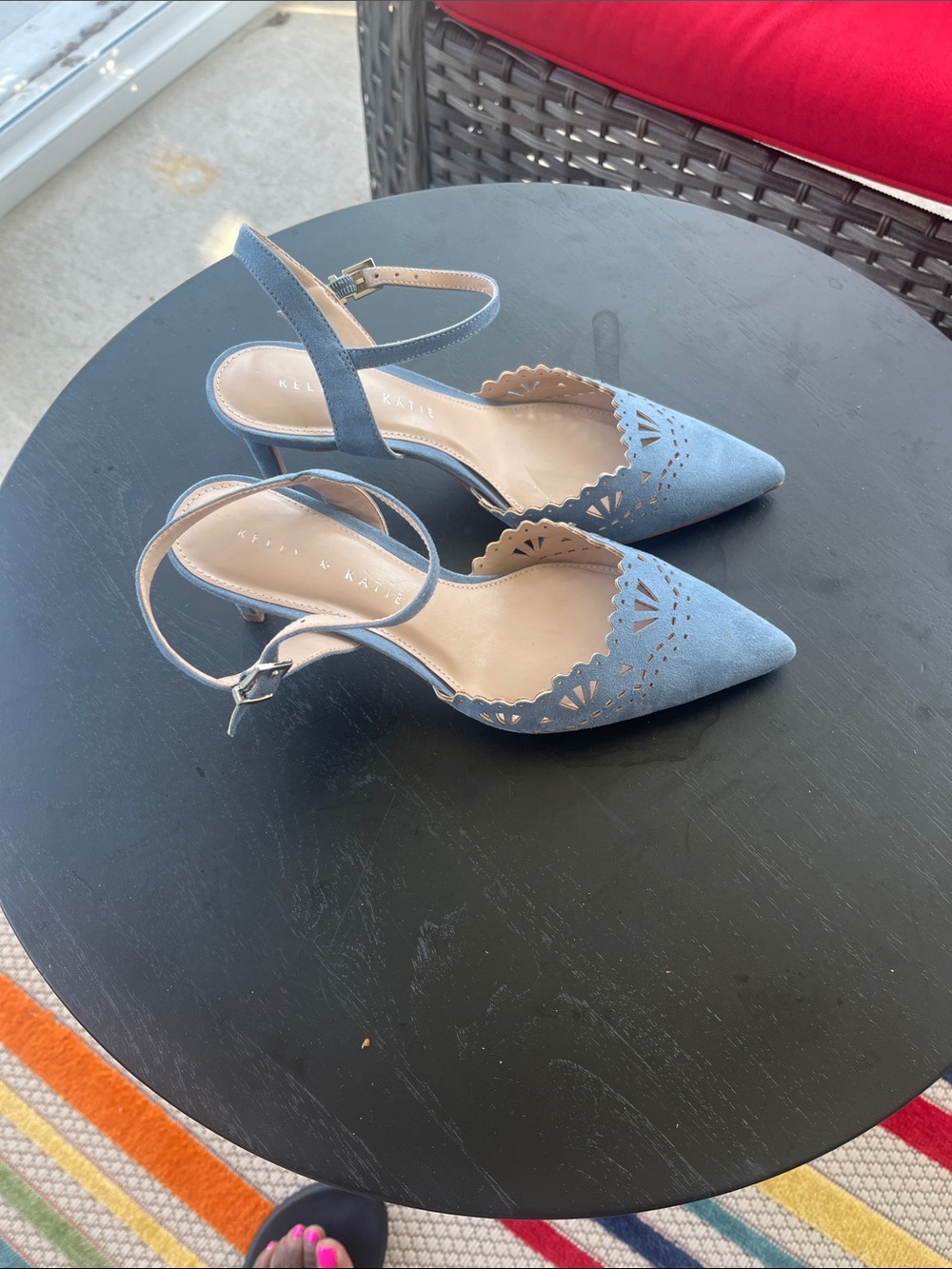 Kelly & Katie Light Blue Scalloped Pointed-Toe Slingback Heels